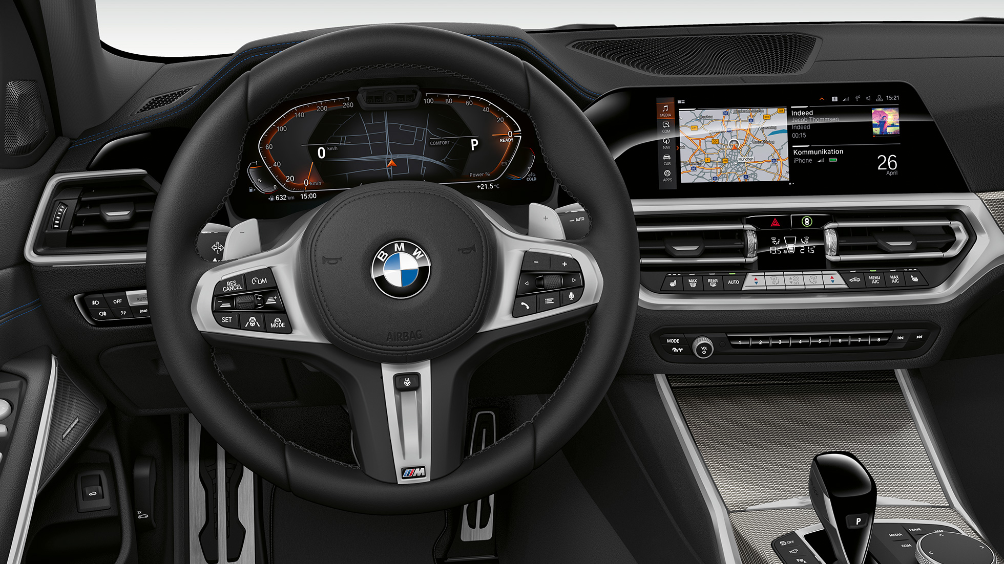 BMW 3 Series Sedan, Model Sport Line Cockpit Frontal close-up of the driver's cockpit of the BMW 3 Series Sedan with Model Sport Line features.