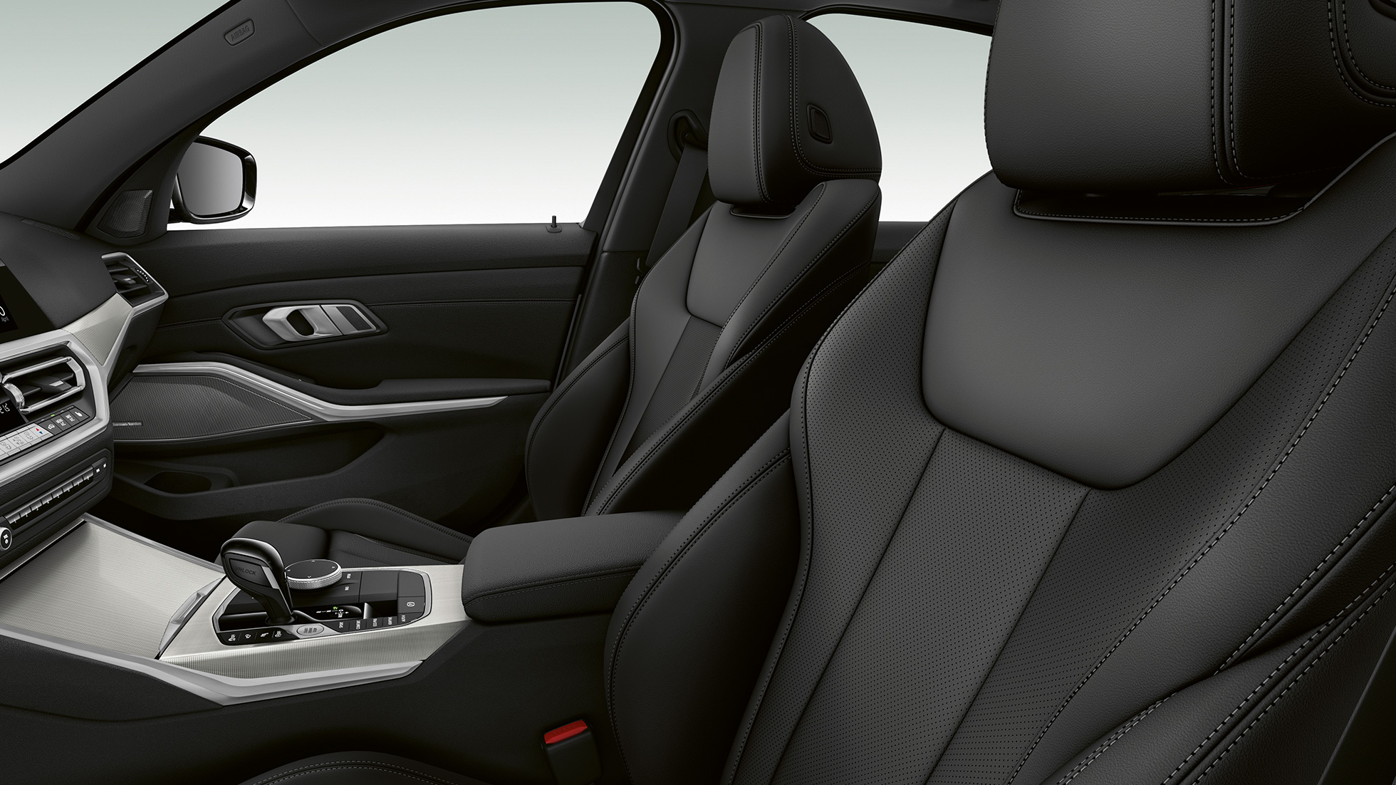 BMW 3 Series Sedan, Model Sport Line front seats Side close-up of the front seats of the BMW 3 Series Sedan with Model Sport Line features.