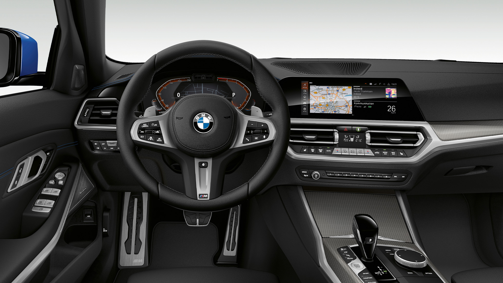 BMW 3 Series Sedan, Model M Sport Cockpit Frontal close-up of the driver's cockpit of the BMW 3 Series Sedan with Model M Sport features.