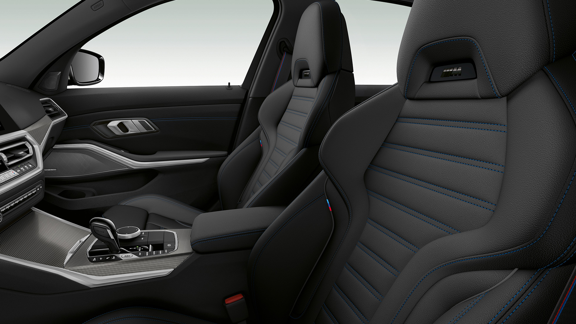 BMW 3 Series Sedan, Model M Sport front seats Side close-up of the front seats of the BMW 3 Series Sedan with Model M Sport features.