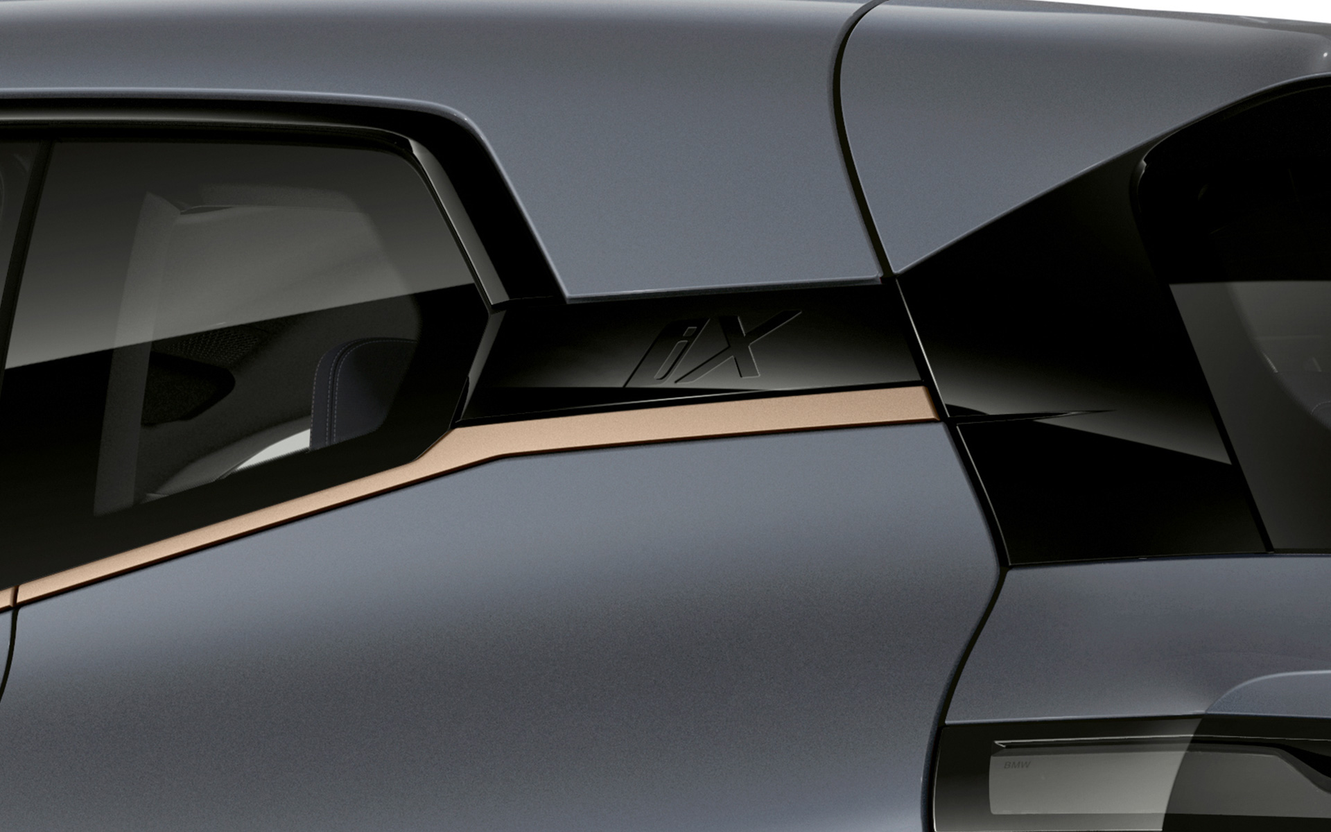 iX designation BMW Individual Exterior Line Titanium Bronze BMW iX M60 i20 2022 electric SUV BMW Individual Storm Bay metallic BMW iX M60 i20 2022 electric SUV BMW Individual Storm Bay metallic detail view iX designation Hofmeister kink BMW Individual Exterior Line Titanium Bronze