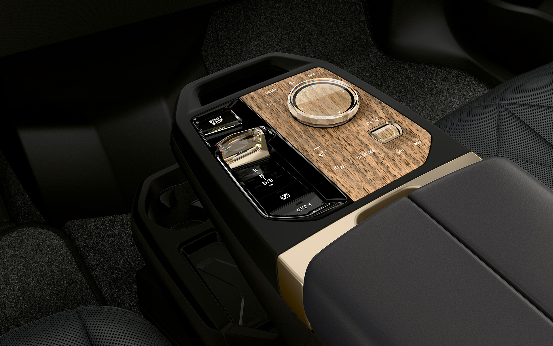 Centre console with Start/Stop button and BMW controller BMW iX M60 i20 2022 electric SUV electric car BMW iX M60 i20 2022 electric SUV electric car Centre console with Start/Stop button and BMW controller interior