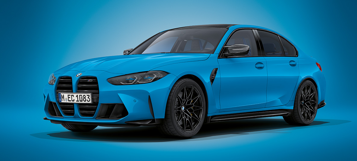 BMW M3 Sedan BMW Individual Mexico Blue 金屬外觀漆面 G80 2021 正面四分之三之角度視圖靜止 BMW M3 Sedan BMW Individual Oxide Grey 金屬外觀漆面 G80 2020 正面四分之三之角度視圖靜止