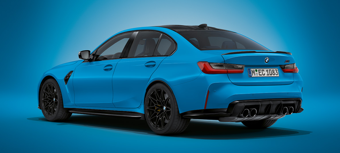 BMW M3 Sedan BMW Individual Mexico Blue 金屬外觀漆面 G80 2021 尾部四分之三之角度視圖靜止 BMW M3 Sedan BMW Individual Mexico Blue 金屬外觀漆面 G80 2021 尾部四分之三之角度視圖靜止