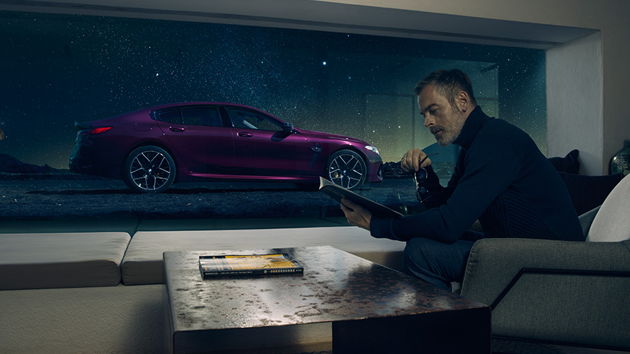 BMW M8 Competition Gran Coupé F93 2020 BMW Individual Ametrine metallic side view through a window