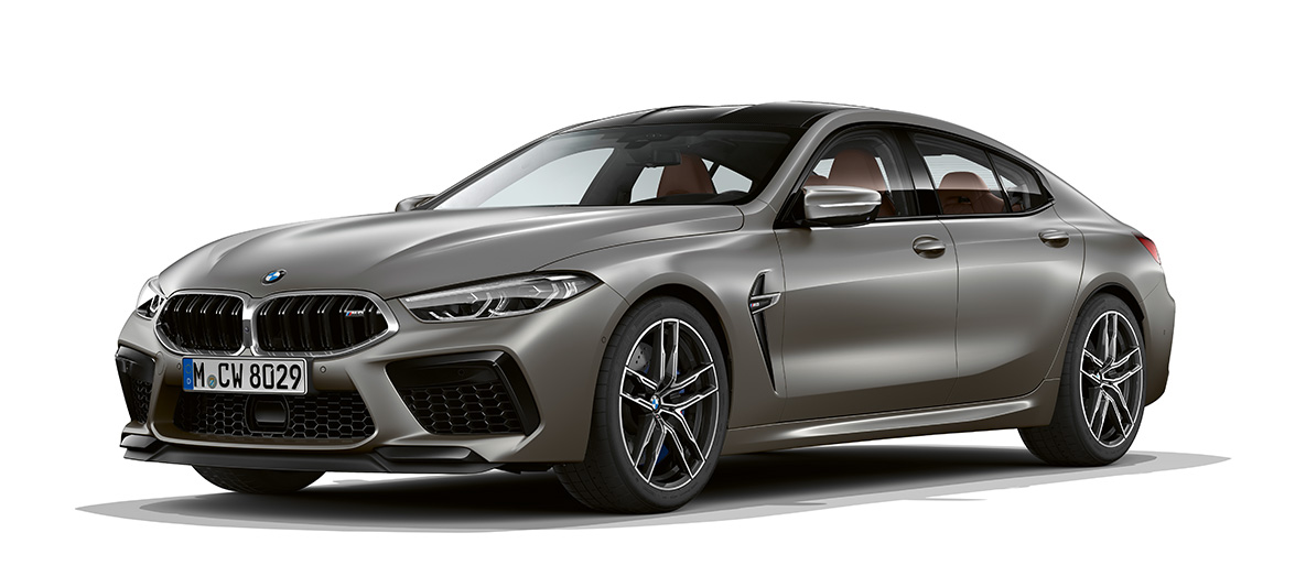 BMW M8 Gran Coupé three-quarter side view BMW M8 Gran Coupé F93 2020 BMW Individual Frozen Dark Silver three-quarter side view