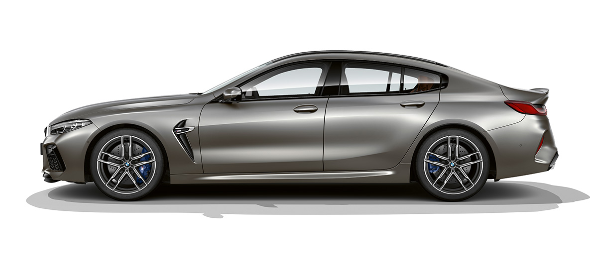 BMW M8 Gran Coupé side view BMW M8 Gran Coupé F93 2020 BMW Individual Frozen Dark Silver side view