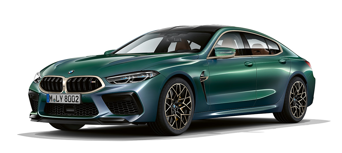 BMW M8 Gran Coupé First Edition three-quarter front view BMW M8 Gran Coupé First Edition F93 2020 BMW Individual Aurora Diamond Green metallic three-quarter front view