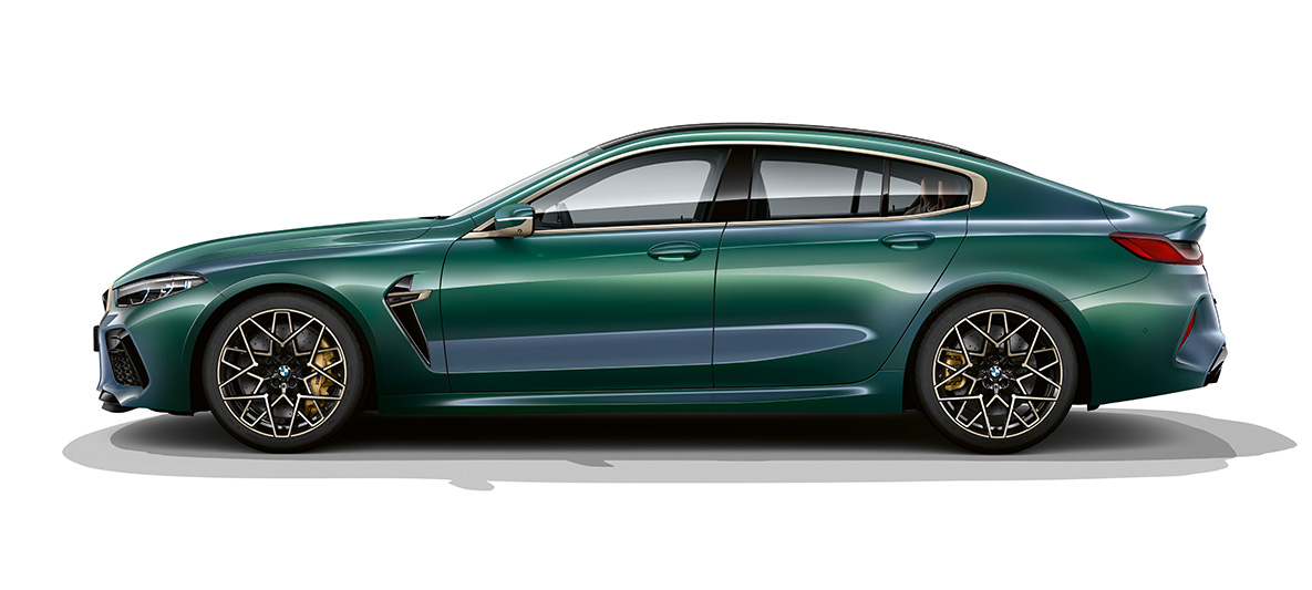 BMW M8 Gran Coupé First Edition side view BMW M8 Gran Coupé First Edition F93 2020 BMW Individual Aurora Diamond Green metallic side view