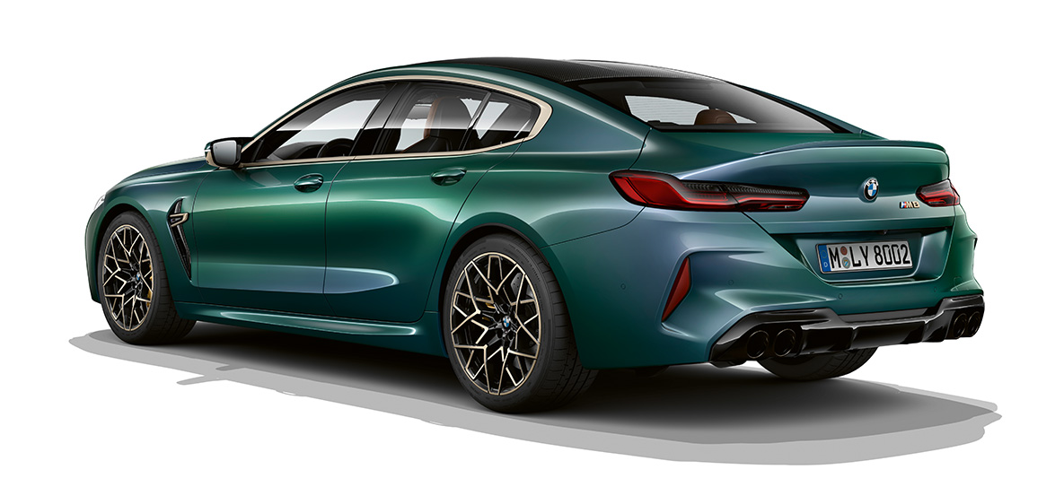 BMW M8 Gran Coupé First Edition three-quarter rear view BMW M8 Gran Coupé First Edition F93 2020 BMW Individual Aurora Diamond Green metallic three-quarter rear view