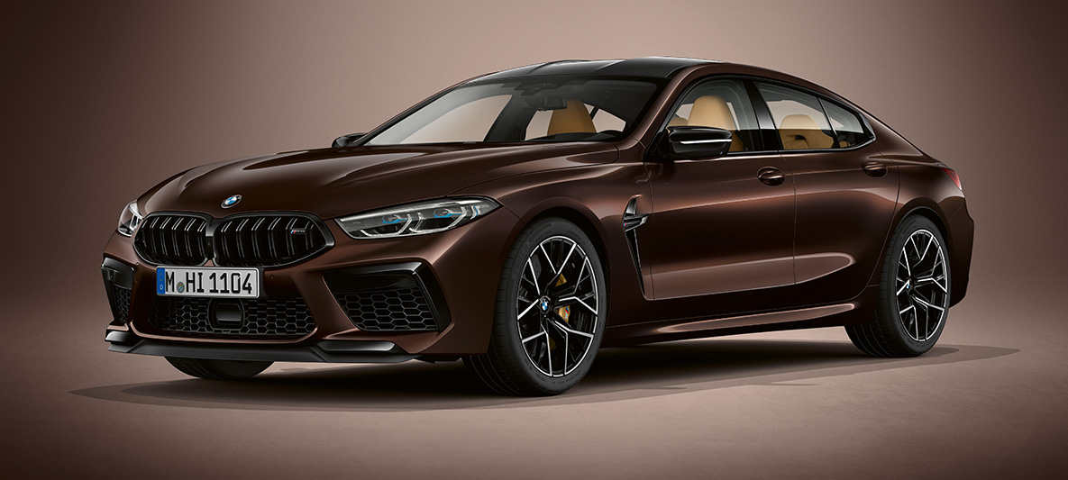 BMW M8 Competition Gran Coupé BMW Individual Almandine Brown metallic BMW M8 Competition Gran Coupé three-quarter front F93 2020 BMW Individual Almandine Brown metallic three-quarter front view