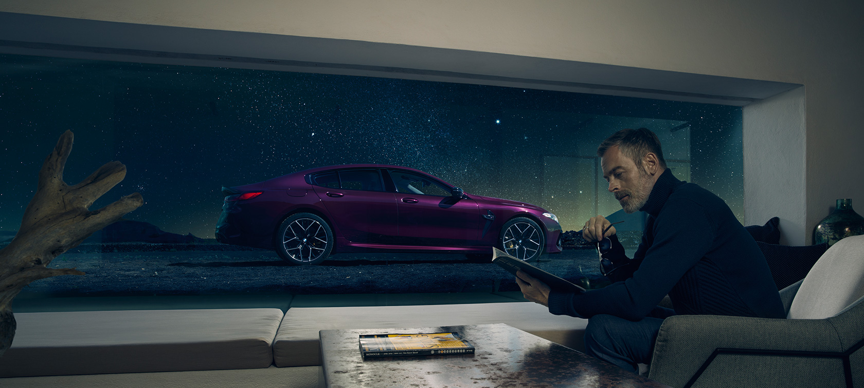 BMW M8 Competition Gran Coupé side view through a window BMW M8 Competition Gran Coupé F93 2020 BMW Individual Ametrine metallic side view through a window