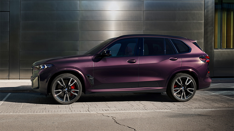 在停車的 BMW X5 M60i G05 BMW Individual Mora metallic 三分之二側視圖