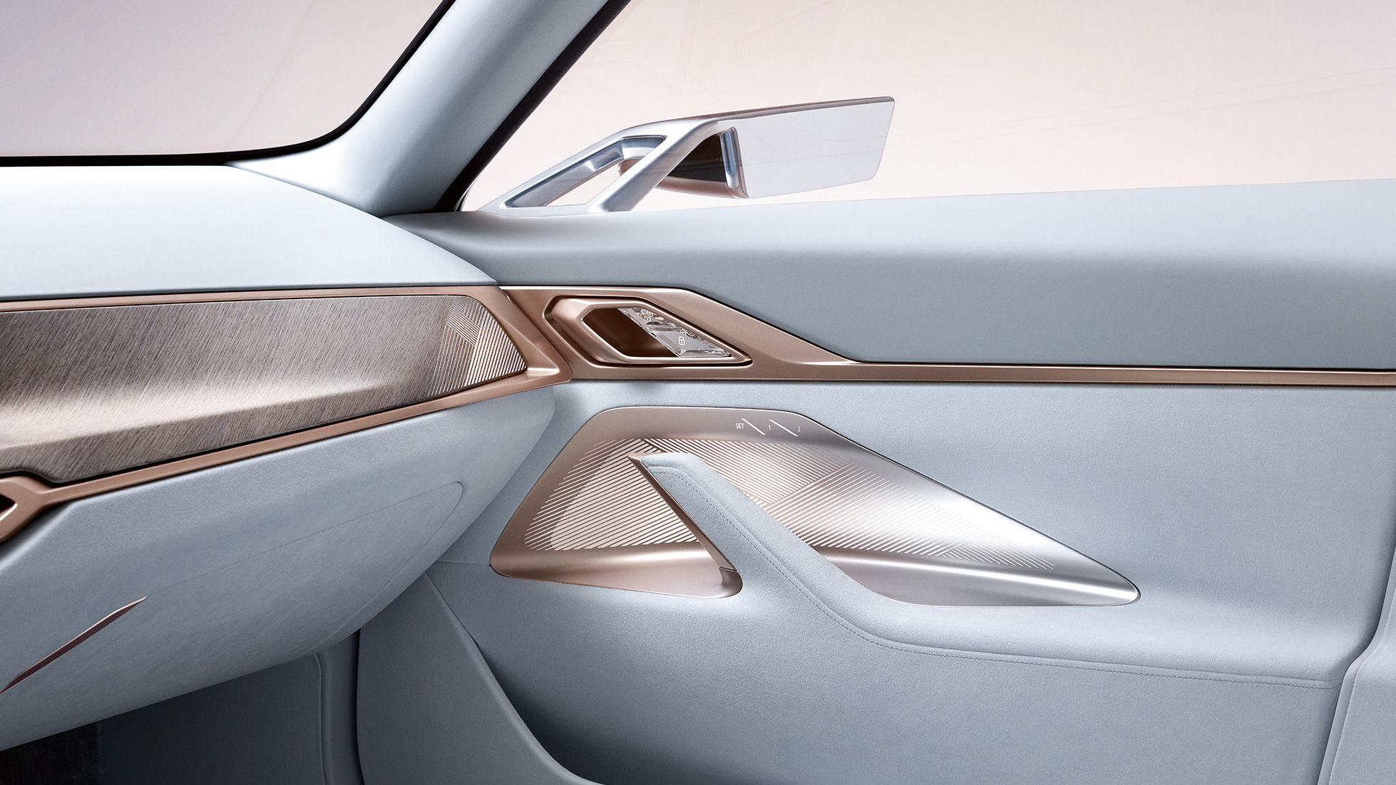 內飾 4 BMW Concept i4 2020 G26 內飾 4 BMW Concept i4 2020 G26 電動汽車全電動 BMW Gran Coupé 帶後視鏡的車門特寫