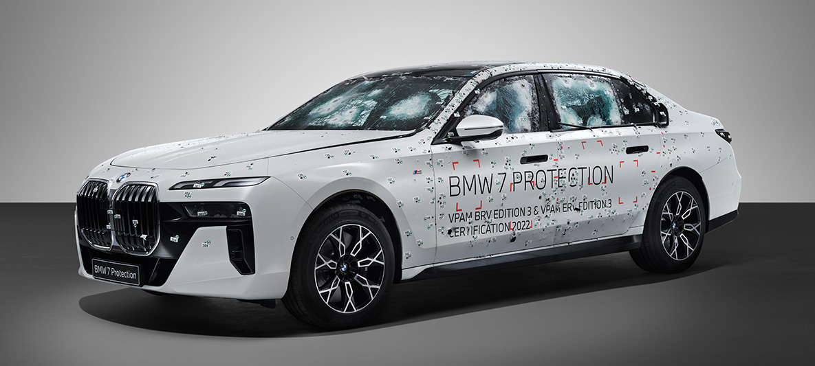 BMW 7 Series G73 Protection 1/3 side view ballistics testing BMW 7 Series G73 Protection 1/3 side view ballistics testing
