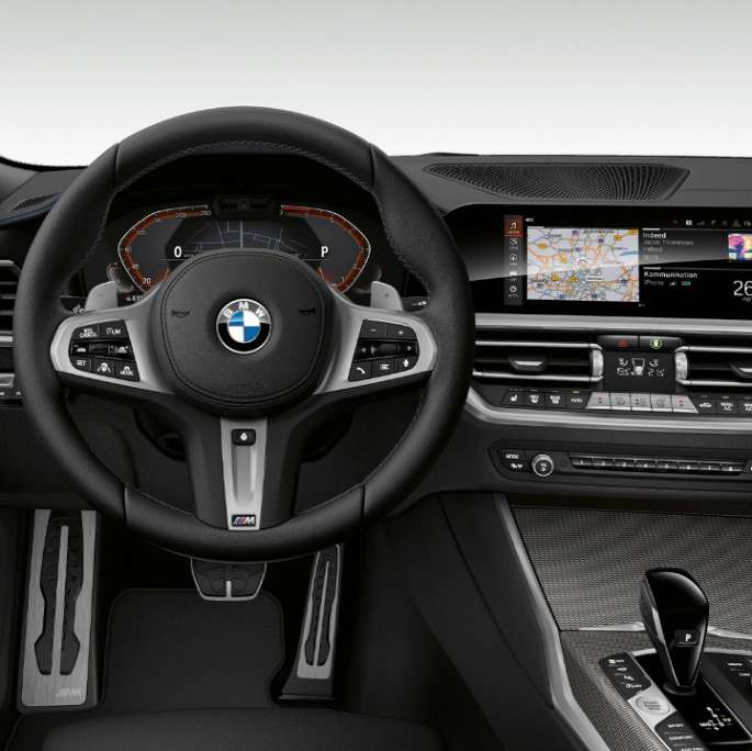 Frontal close-up of the driver's cockpit of the BMW 3 Series Sedan with Model M Sport features.